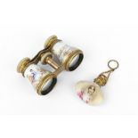 A PAIR OF LATE 19TH CENTURY ENAMEL, GILT METAL AND MOTHER OF PEARL OPERA GLASSES, painted with