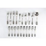 A MIXED PART SERVICE OF 19TH CENTURY SILVER FIDDLE PATTERN FLATWARE, comprising six table forks by