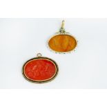 AN ENAMEL AND HARDSTONE INTAGLIO PENDANT, the oval agate intaglio depicting a classical figural