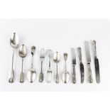 A PART SERVICE OF VICTORIAN SILVER FIDDLE AND SHELL PATTERN FLATWARE, comprising a gravy spoon, four