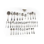 A COLLECTION OF MIXED SILVER FLATWARE, comprising a serving slice, two sauce ladles, two