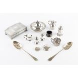 A COLLECTION OF SILVER ITEMS, comprising an Egyptian butter dish and cover, with bird finial, a pair