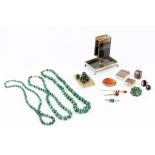 A COLLECTION OF HARDSTONE ITEMS, to include three malachite bead necklaces, a malachite cluster