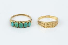 A TURQUOISE AND DIAMOND HALF HOOP RING, the graduated cabochon turquoises spaced by lasque-cut