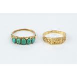 A TURQUOISE AND DIAMOND HALF HOOP RING, the graduated cabochon turquoises spaced by lasque-cut