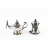 A SILVER SMALL OIL LAMP, of urn shape, with scroll handle, by Henry Matthews, Birmingham 1918, 7.5cm