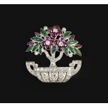 A DIAMOND AND GEM SET PANEL BROOCH BY CARTIER, modelled as a tree, with cabochon ruby and green