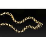 A 19TH CENTURY LONG CHAIN, comprising a series of foliate decorated links, to a barrel-shaped