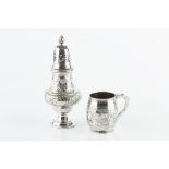 AN EDWARDIAN SILVER SUGAR CASTOR, of baluster form, embossed with flowers and C-scrolls, by