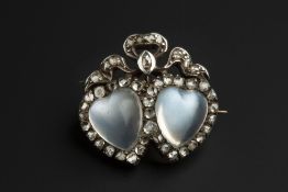 A LATE VICTORIAN MOONSTONE AND DIAMOND DOUBLE HEART BROOCH, modelled as two entwined heart-shaped
