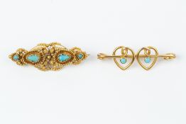 TWO TURQUOISE SET BROOCHES, the first a Georgian panel brooch, circa 1820-30, centred with four