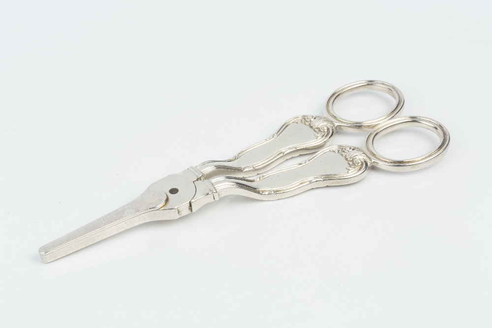 A PAIR OF GEORGE III SCOTTISH SILVER GRAPE SCISSORS, with scroll and shell cast decoration, by - Image 2 of 3