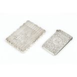 AN EARLY VICTORIAN SILVER CARD CASE, of shaped rectangular outline, engraved with a view of the