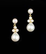 A PAIR OF CULTURED PEARL AND DIAMOND EAR PENDANTS, each pear-shaped cultured pearl drop surmounted
