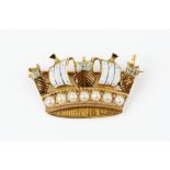 A HALF PEARL AND ENAMEL NAVAL CROWN BROOCH, signed C&F for Cropp & Farr and stamped '9ct', (pearls