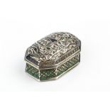 A 19TH CENTURY SILVER AND CHAMPLEVE ENAMEL SNUFF BOX, of elongated octagonal form, with domed,