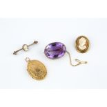 A COLLECTION OF ANTIQUE AND LATER JEWELLERY, comprising an amethyst single stone brooch, the oval