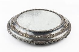 A LATE 19TH CENTURY SILVER PLATED CIRCULAR SURTOUT-DE-TABLE, with mirrored top, relief decorated