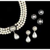 A SUITE OF DIAMOND, SAPPHIRE AND CULTURED PEARL JEWELLERY, comprising a triple strand uniform