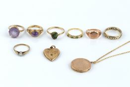 A COLLECTION OF JEWELLERY, comprising a diamond single stone ring, 9ct gold mounted, an emerald