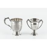 A MID VICTORIAN SILVER CHRISTENING CUP, with engraved decoration and beaded scroll handle by Henry