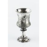 A MID VICTORIAN SILVER SHOOTING TROPHY CUP, the baluster body embossed and engraved with figures