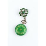 A GREEN ENAMEL OPEN FACE FOB WATCH, the circular white dial with Arabic numerals, gilt bead