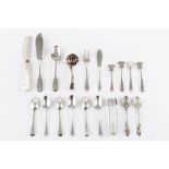 A SET OF SIX LATE VICTORIAN SILVER OLD ENGLISH PATTERN TEASPOONS, the backs of the bowls decorated