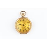 AN OPEN FACE FOB WATCH, the circular gilt dial with Roman numerals and foliate engraved