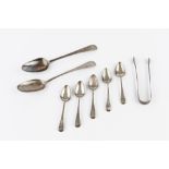 A PAIR OF GEORGE III SILVER BRIGHT CUT SUGAR TONGS, b John Lambe, London circa 1780, a set of 5