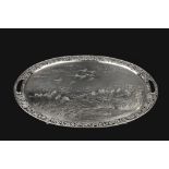 A LATE 19TH CENTURY CHINESE EXPORT SILVER OVAL TEA TRAY, by Wang Hing, engraved with numerous