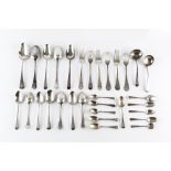 A MATCHED PART SERVICE OF 18TH AND 19TH CENTURY SILVER OLD ENGLISH PATTERN FLATWARE, comprising five