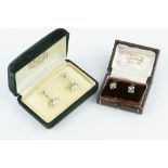 A PAIR OF EMERALD, PEARL AND DIAMOND CLUSTER EAR STUDS, on post fittings, stamped '18ct', (pearls