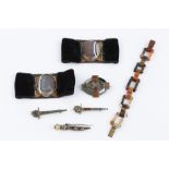 A COLLECTION OF HARDSTONE JEWELLERY, comprising an agate fancy-link panel bracelet, a pair of