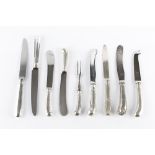 A SET OF SIX MODERN SILVER HANDLED TABLE KNIVES, with six matching dessert knives, with steel