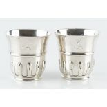 A PAIR OF QUEEN ANNE SCOTTISH SILVER THISTLE CUPS, with part lobed girdled bodies, beaded strap