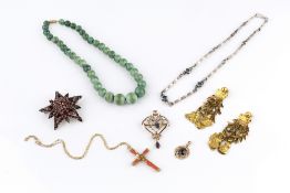 A COLLECTION OF JEWELLERY, comprising a coral corallium rubrum cross pendant, applied with a foliate