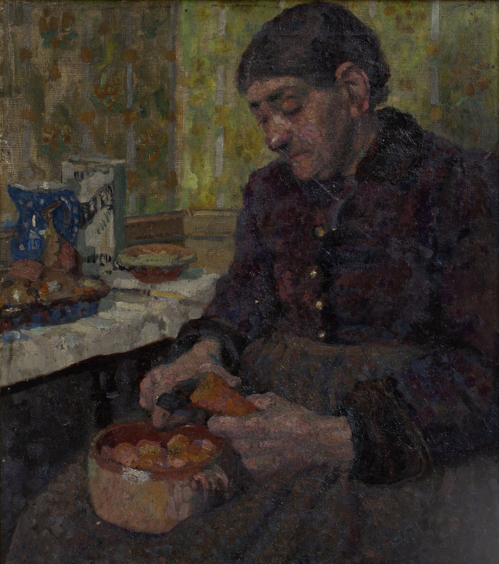 Mary Godwin (1887-1960) Portrait of a woman peeling carrots oil on canvas 45 x 41cm.