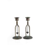 Arts & Crafts Pair of candlesticks plated metal, adjustable sconces above four slender branches over