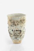 Robin Welch (1936-2019) Vessel stoneware, with textured cream and black glaze impressed potter's