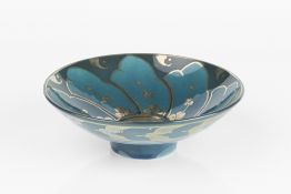 Jonathan Chiswell Jones (b.1944) Bowl reduction fired lustre in blue and turquoise painted potter'