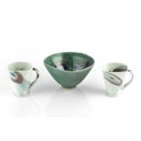 Janice Tchalenko (1942-2018) for Dartington Two cups and a bowl decorated in pale browns, greens,