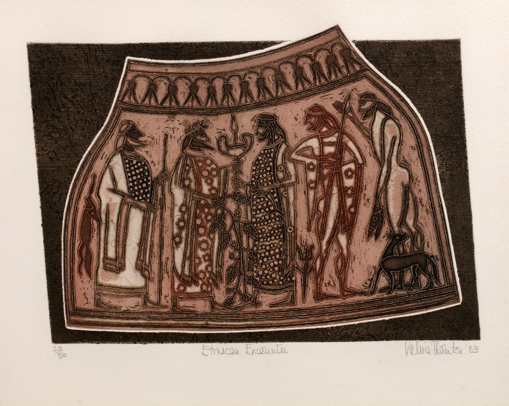 Valerie Thornton (1931-1991) Etruscan Warriors and Etruscan Encounter, 1983 both signed, titled, and - Image 2 of 6