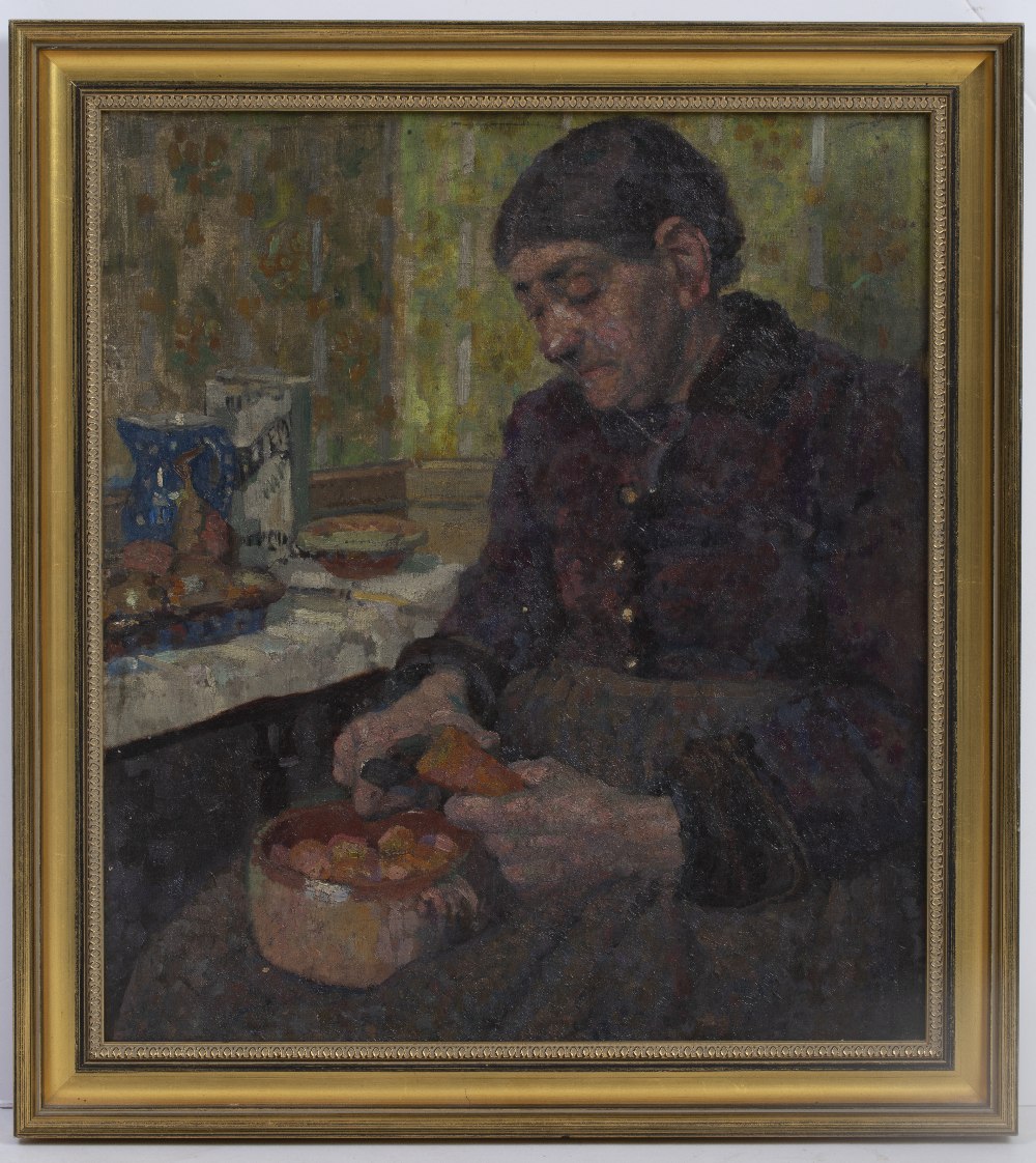 Mary Godwin (1887-1960) Portrait of a woman peeling carrots oil on canvas 45 x 41cm. - Image 2 of 3