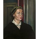 20th Century Scottish School Portrait of a lady in green hat oil on canvas 60 x 50cm.