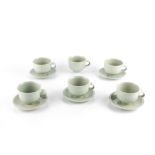 David Leach (1911-2005) Set of five cups and saucers celadon with fluted design cups 8cm high,