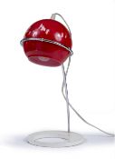 Habitat Lola desk lamp red enamelled spherical lamp fitting into chrome support 35.5cm high.
