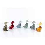 Whitefriars Six Dilly ducks glass, each in a different colour 13cm high (6).