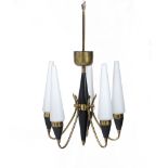 Italian School Modernist ceiling five branch chandelier brass frame with slender opaline shades 65cm