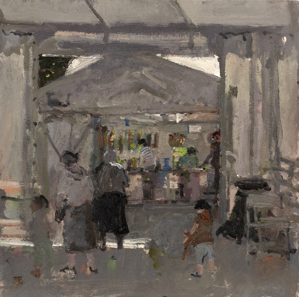 Thomas John Coates (b.1941) The Market signed with initials (lower left) oil on board 30 x 30cm,